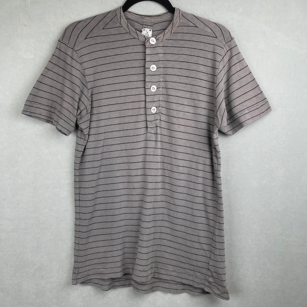 Union Mens Grey Striped Short Sleeve Button Henley Shirt Classic Indie Casual S
